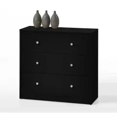 Contemporary Black 3 Drawer Chest Horizontal Dresser with Wood Frame and Metal Glides