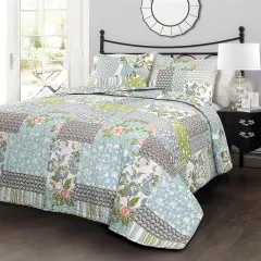 Boho Floral Blue Cotton Lightweight Quilt Set