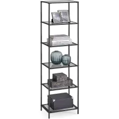 Narrow Glass Shelf Bookcase with Steel Frame for Bedroom Living Room Office Bathroom Storage