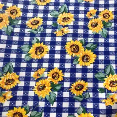 1 Yard Royal Blue Checkered Sunflower Pattern Poly Cotton Fabric for Sewing Decor and Clothing 59/60 Inch Width
