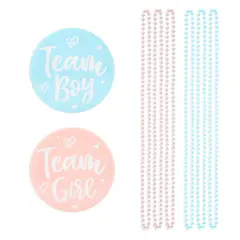 Baby Gender Reveal Party Favors, Team Boy and Girl Button Pins, Bead Necklaces (48 Pieces) Pink