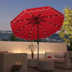 Costway 9.3 FT Solar Patio Umbrella Outdoor Market Sunshade with 24 LED Lights,Ruffles Beige/Brown/Red/Gray/Turquoise