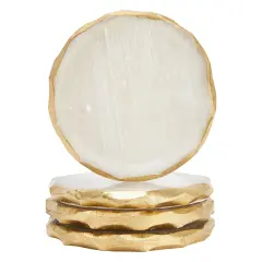 4 Pack Natural Selenite Crystal Coasters for Drinks, Geode Slices with Gold Painted Edge (3.75-4 In) White