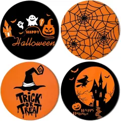 4Pcs Halloween Coasters Orange Black Round Ceramic Coaster Trick