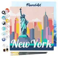 Figured'Art Mini Paint by Numbers Kit for Adults with Frame Travel Poster New York Statue of Liberty Small format 8"x8" - Craft Art Painting DIY Canvas Already Stretched on a Wooden Frame