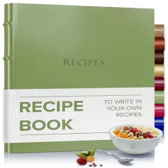 Gallery Leather Recipe book to write your own recipes - 3 Ring Recipe Binder With Protective Plastic Sleeves, Blank Cards, 25 Pocket Pages and Ivory Cards, Refillable - 9.25 x 8 " Camden Kiwi