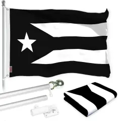 G128 Combo Pack: 6 Ft Tangle Free Aluminum Spinning Flagpole (Silver) & Puerto Rico Black and White Puerto Rican PR Flag| 3x5 Ft | LiteWeave Pro Series Printed 150D Polyester | Pole with Flag Included