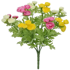16" Artificial Mini Ranunculus Bush &ndash; Realistic Faux Flowers in Pink, Yellow & White for Home D&eacute;cor & Floral Arrangements-84055-CRYELFU