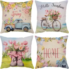 Hello Spring Pillow Covers 18x18 Set of 4 Soft Velvet Spring Summer Floral Throw Pillows Decoratives Cushion Covers Truck Biycle Flower Pillow Cases for Home Sofa Couch Outdoor Decorations 18