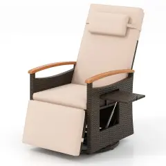 Patio Rattan 360&deg; Swivel Recliner Chair with Adjustable Backrest and Footrest Beige