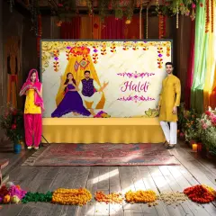 5x8 Feet Haldi Ceremony Backdrop Indian Traditional Cloth Backdrop Haldi Banner Indian Wall Art Photo Decor Banner Indian Wedding Backdrop Decorative Cloth Haldi Stage Decor