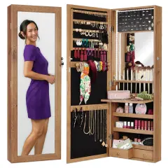 Best Choice Products Hanging Mirror Jewelry Armoire, Door or Wall Mounted Cabinet w/ LED Lights, Lock Rustic Brown