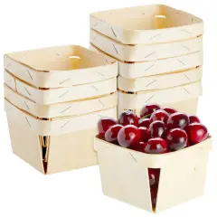 10 Pack 1-Pint Wooden Berry Baskets for Picking Fruit, Arts and Crafts, Decor, 4 Inch Square Vented Wood Berry Containers Brown
