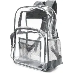 Clear Backpack Stadium Approved, See Through Bag for Sports, Concert & Festival Events, Gray Trim, 17.5 x 12.5 x 6 in Grey