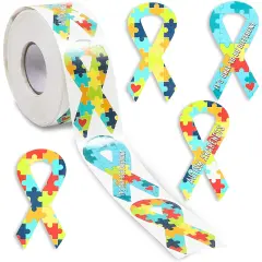Autism Awareness Ribbon Stickers Roll (1.5 x 3 in, 500 Stickers) Multicolor