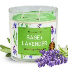 Magnificent 101 Long Lasting Sage & Lavender Scented Smudge Glass Candle - 14 oz - 56 Hour Burn Time - Made of Natural Soy Wax for House Energy Cleansing & Manifestation Green