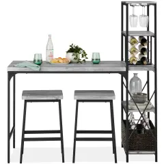 Best Choice Products 3-Piece Bar Height Dining Set w/ Bottle Rack, Glass Storage, 5 Shelves Gray