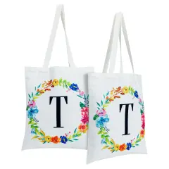 Set of 2 Reusable Monogram Letter T Personalized Canvas Tote Bags for Women, Floral Design (29 Inches) White