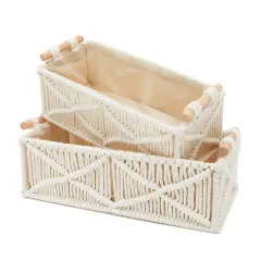 Set of 2 Macrame Storage Baskets, Woven Bins with Wood Handles for Home Decor (Ivory) White
