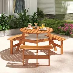 Costway 6-Person Round Picnic Table Set with 3 Built-in Benches 2" Umbrella Hole, Brown/Yellow