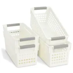 4 Pack White Plastic Baskets with Gray Handles, Narrow Storage Bins for Organizing, Kitchen Shelves, Small Nesting Containers (11.5 x 5.25 x 5 Inches)