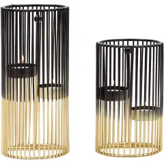 Set of 2 Black and Gold Geometric Candle Holders for Modern Table Decor (2 Sizes)