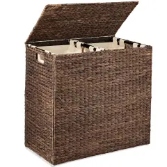 Best Choice Products Large Natural Water Hyacinth Double Laundry Hamper Basket w/ 2 Liner Bags, Handles Espresso