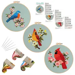 3 Sets Bird Embroidery Kits for Beginners,Adults Starter Flower Pattern Cross Stitch Kit DIY Needlepoint Kits with Embroidery Instructions