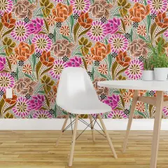 Peel & Stick Wallpaper 2FT Wide Summer Garden Bohemian Blooms Folk Art Boho Refined Orange Pink Custom Removable Wallpaper by Spoonflower