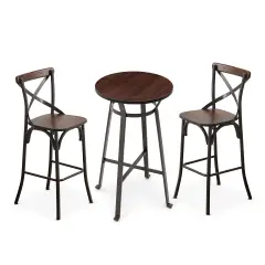 3 Piece Pub Table and Bar Chair Set - Steel Round Bar Table and Bar Chair Set Brown