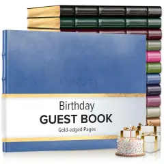 Gallery Leather Birthday Guest Book for Party Celebrations - Hardcover, Bound Leather Sign in Guest Book with 192 Lined Pages for Messages & Photos - 7" x 9" Acadia Hydrangea