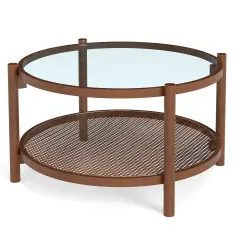 Cherry Wood Rattan Round Coffee Table with Tempered Glass Top 2-Tier