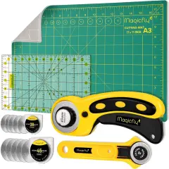 Rotary Cutter Set, 45mm and 28mm Fabric Cutters Kit with Extra 10 Blades, A3 Double-sided Self Healing Cutting Mat, 12x6 Inch Quilting Ruler for Sewing, Fabric Cutting, Art Crafting