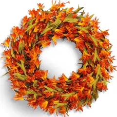 Orange Forsythia Fall Wreath with Berries, Autumn Leaves