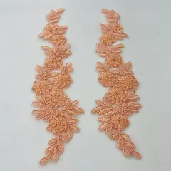 1 Pair 9.5" x 2" Each Side Beaded & Corded Floral Lace Applique Embroidered on 100% Polyester Net Mesh Peach
