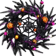 Black Halloween Spider Wreath with LED Light