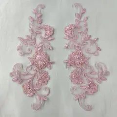 1 Pair Beaded & Corded Floral Lace Applique Embroidered on 100% Polyester 9.5" x 2" Each Side Pink
