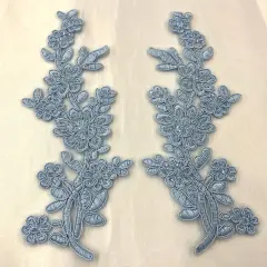 1 Pair Beaded & Corded Floral Lace Applique 10" x 2" Each Side Lt. Blue