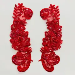 1 Pair Beaded Lace Applique Embroidered on 100% Polyester Organza 9" x 3" Each Side Red