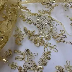 1 Yard Gold Corded Sequin Lace Mesh Fabric with Scalloped Edge 54&rdquo; Wide