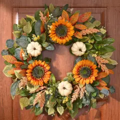 22in Sunflower Fall Door Wreath with Pumpkin