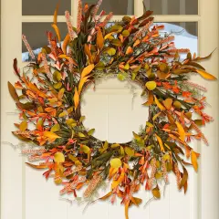 24" Orange Flower Fall Wreath with Colorful Mixed Leaves