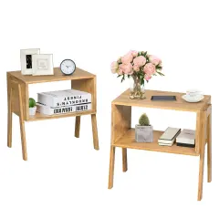 Costway Set of 2 Bamboo Nightstand Stackable Sofa Table Bedside Table with Storage Shelf