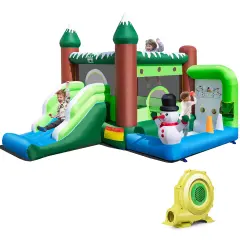 Costway Inflatable Bounce House Christmas Snowman Theme with Slide Ball Pit Basketball Rim with 680W Blower Carry Bag