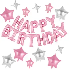 Pink Happy Birthday Balloons Banner - 12 Pcs