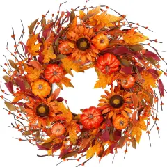 Autumn Wreath with Pumpkin Sunflower Berry Maple Leaves