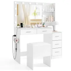 Costway 43.5" Makeup Table Set Vanity Desk with Storage Stool Power Outlets 2 Open Shelves