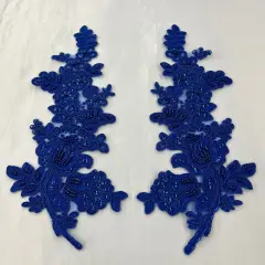 1 Pair Beaded & Corded Floral Lace Applique 100% Polyester Net Mesh 12" X 3.5" Each Side Royal Color