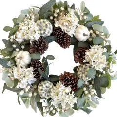 Fall Wreath with Hydrangeas, Pumpkins & Eucalyptus