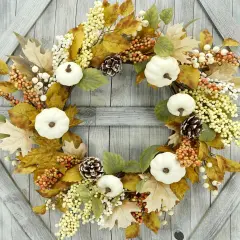 Fall Wreath with Pumpkin,Maple Leaf,Ivy Leaf,Colorful Berry